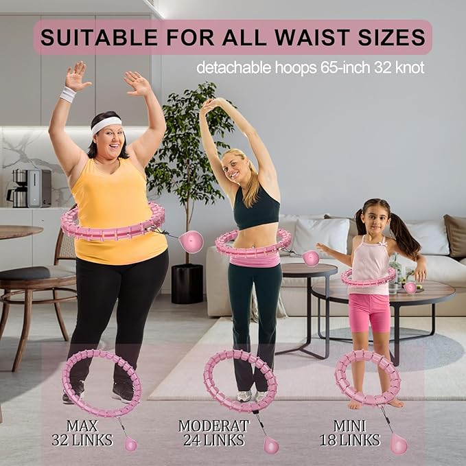 Plus Size Silent Weighted Hula Infinity Fitness Detachable Hoops 65-Inch 32 Knot, Smart Noiseless Infinity Hula for Women, Waist and Abdominal Home Weight Loss Exercise Fit Hoop