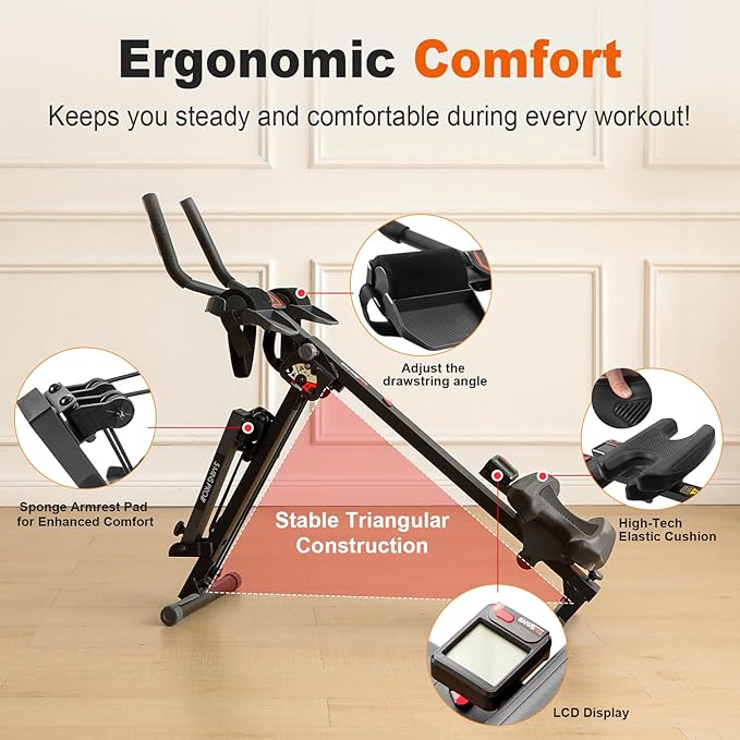 TOUSAINS 3 in 1 Adjustable AB Machine for Stomach Workout with 3 Heights, Foldable Rowing Machine for Home Gym with Comfortable seat & LCD Display Monitor, 265lbs Weight Capacity