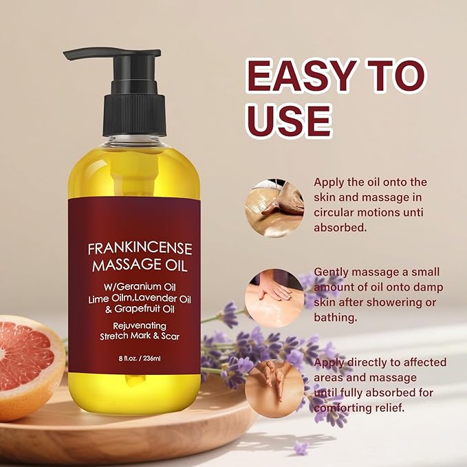 Frankincense Massage Oil for Women,Massage Therapy Oil for Soreness & Stiffness,Stretch Marks and Scars Body Oil for All Skin Types（8oz）