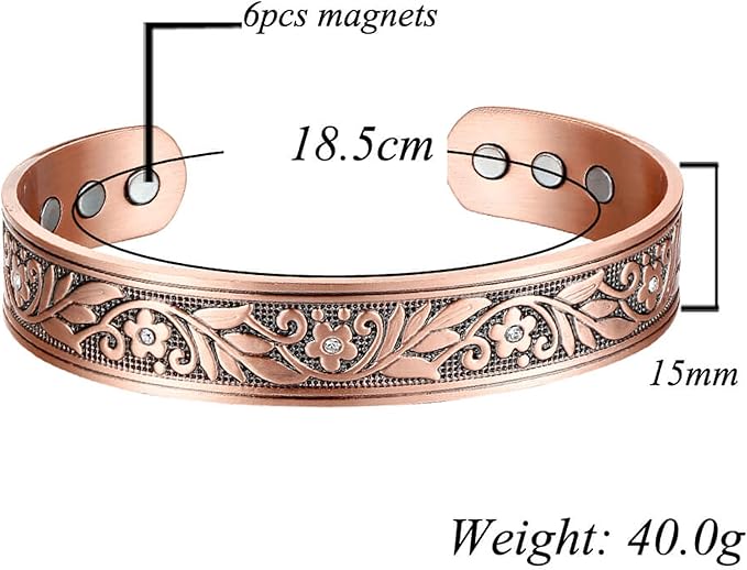 Earth Therapy Women's Floral Crystal Magnetic Copper Cuff Bracelet - Adjustable Sizing - Ultra Strength