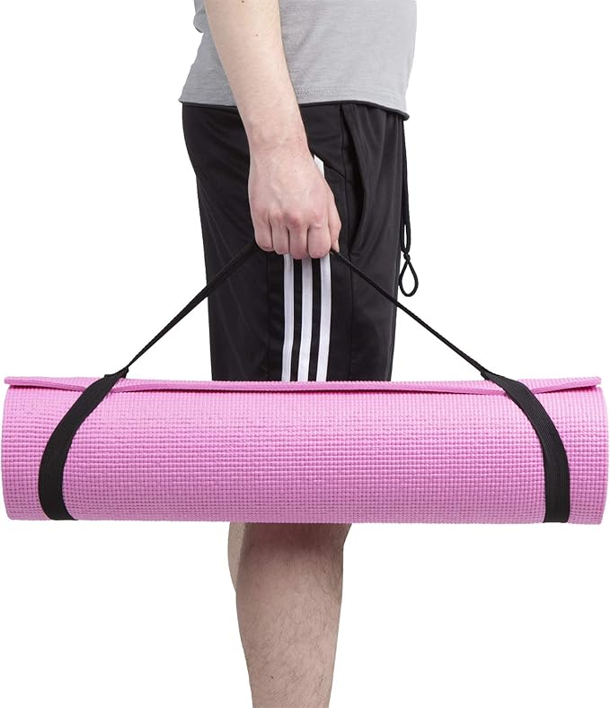 Mind Reader All Purpose Extra Thick Yoga Mat Fitness & Exercise Mats with Carrying Strap, High Density Anti-Tear, Red