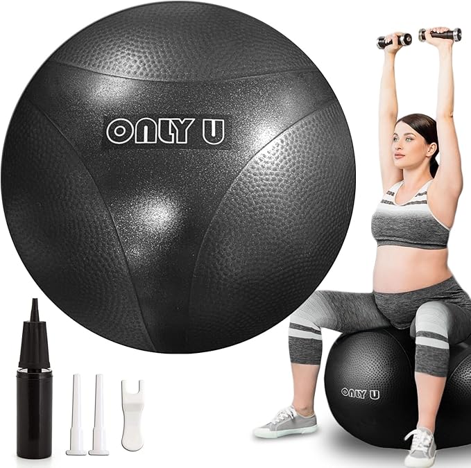 only U Premium Yoga Ball, Exercise Ball, Fitness, Balance and Stability Ball, 65cm Size, Eco-Friendly PVC, Anti Burst, Inflatable, Heavy-Duty Exercise Ball, Black, Hand Air Pump Included, Brand