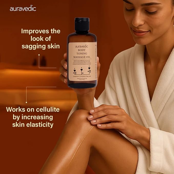 Auravedic Body Toning Massage Oil | Helps Reduce Stretch Marks, Cellulite & Sagging | Infused with Cinnamon, Cardamom & Bay Leaf | for Smooth, Supple Skin | 6.76 Fl Oz (200ml)