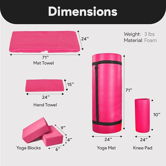 BalanceFrom 7-Piece Yoga Set with 71x24x0.5 Inches Extra Thick Mat and Carrying Sling – Includes 2 Blocks, Stretch Strap, 2 Towels, and Knee Pad for Home, Studio, and Gym Workouts