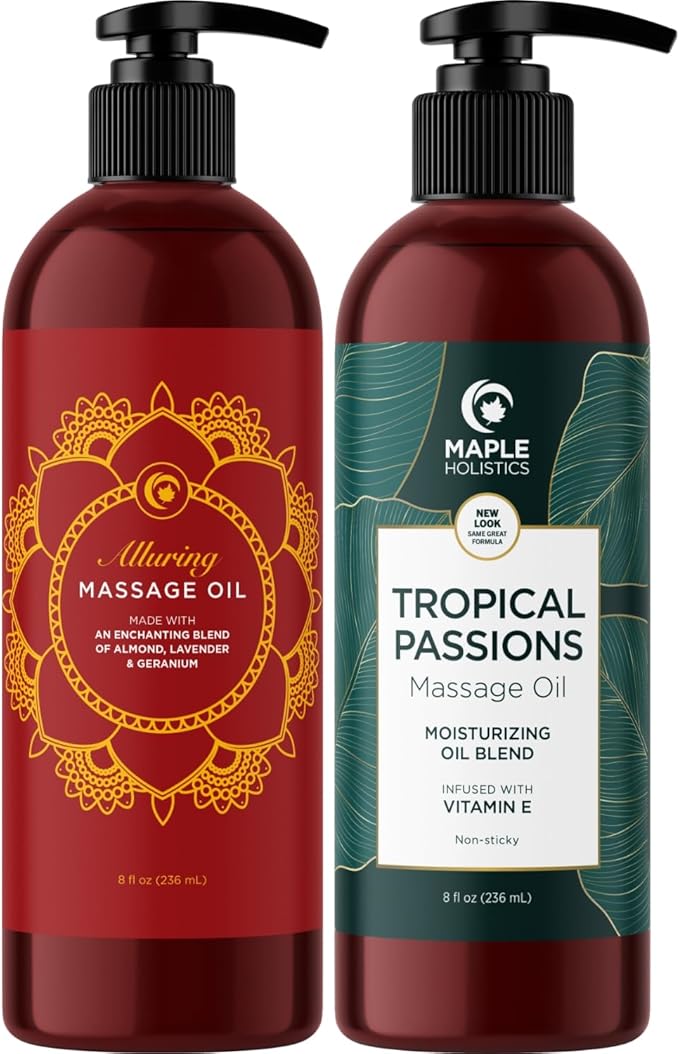 Alluring Lavender & Tropical Passions Massage Oil Set - Aromatherapy Full Body Massage Oil for Couples Bundle with Naturally Scented Vegan Non GMO & Gluten Free Ingredients (8 Fl Oz Each)