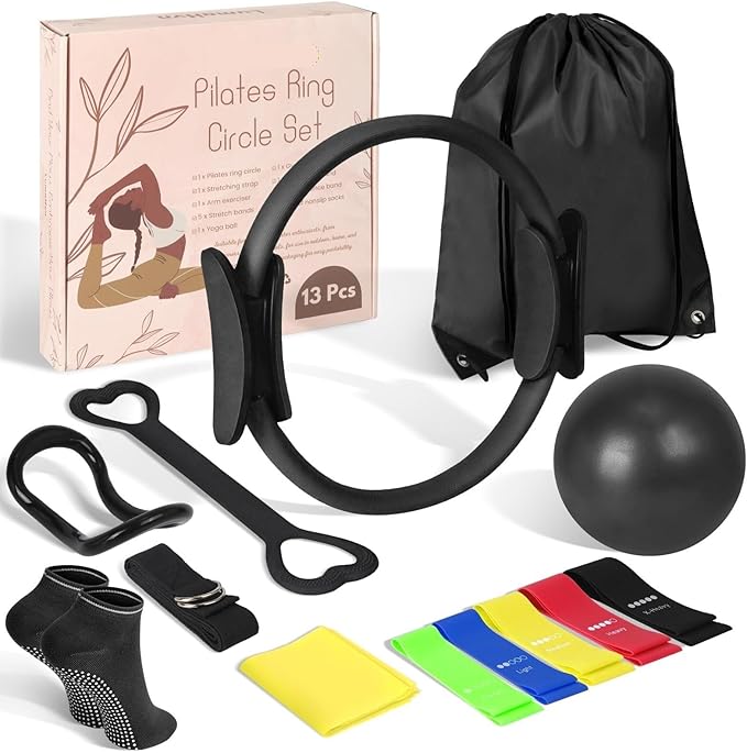 Home Pilates Essentials Kit for Women - Complete Pink Equipment Set with 9 Inch Yoga Ball, Figure 8 Resistance Band, Bands & Accessories, Ring for Beginners Workouts