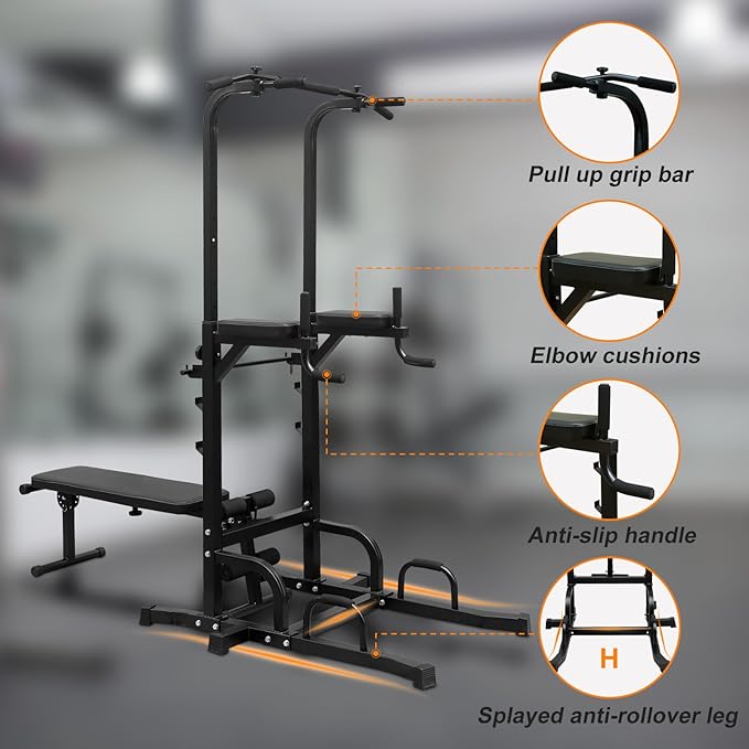 Power Tower Pull Up Bar with Bench, Pull Up Stand with Adjustable Heights, Dip Station Multifunctional, Strength Training Fitness Equipment for Home Gym