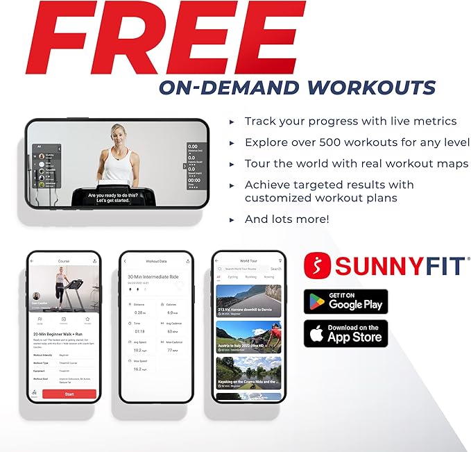 Sunny Health & Fitness Interactive Slim Folding Treadmill for Home, Running or Walking with Quiet Brushless, Shock Absorption, Free SunnyFit App Bluetooth Connection, Optional 12 Level Auto Incline