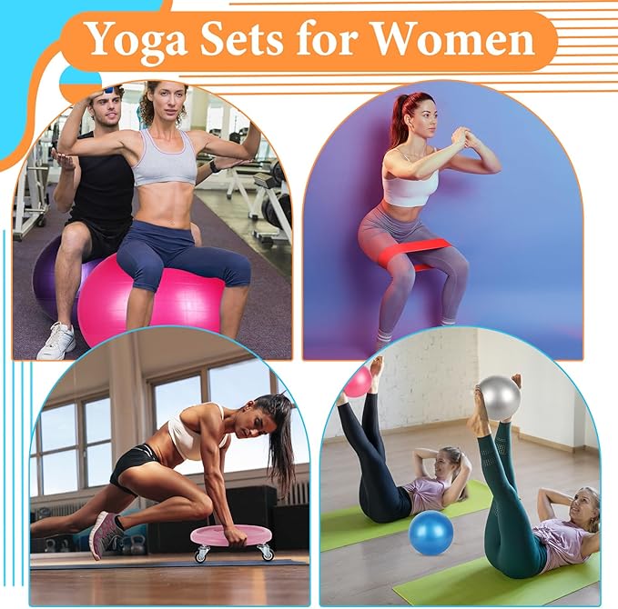 Soulchen 14 Pcs Yoga Pilates Equipment for Women Include Abdominal Roller Wheel 26 Inches Pilate Ball with Pump Exercise Resistance Bands 9.8 Inches Fitness Balls for Home Office Gym Fitness