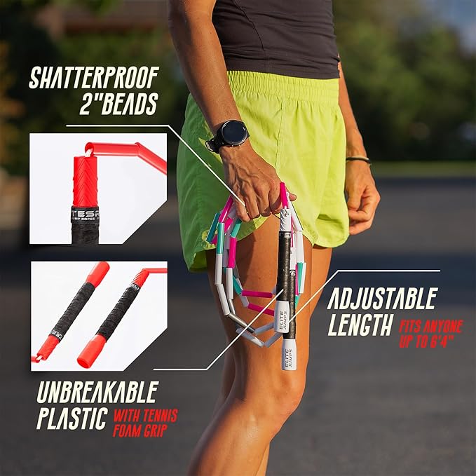 Elite Jumps - Heavy Beaded Jump Rope - 6.5oz Weighted Jump Rope for Women - Durable & Heavy Resistance - 10ft Long Adjustable Rope - Tangle-Free - Shatterproof 2” Beads - Long 8” Handles