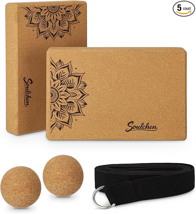 Soulchen 5 Pack Yoga Accessories for Women Set Yoga Block 2 Pack with Strap Massage Ball for Meditation Pilates Cork Blocks Stretching Home Gym Natural High-Density, 12"x8"x2"