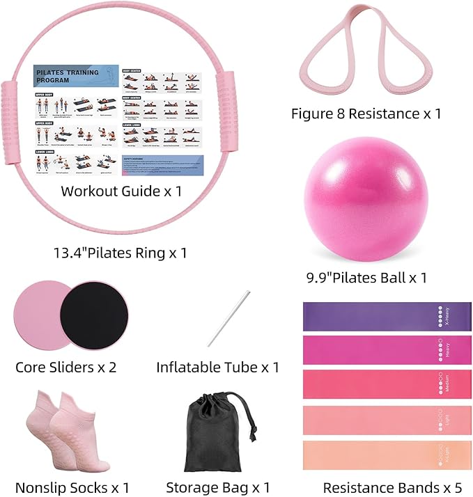 13 PCS Pilates Equipment Kit for Women,Pilates Ring and Ball Set with Resistance Bands,Core Sliders, Socks, Bag & Guide for Starter Home Workout Fitness Gym Essentials