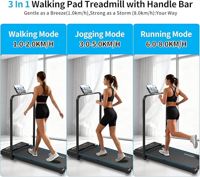 3 in 1 Walking Pad Treadmill with Handle | 1.5HP Under Desk Treadmill for Home Office | Foldable Compact Walking Jogging Running Machine | 220LBS Capacity, ≤45dB Quiet Treadmill