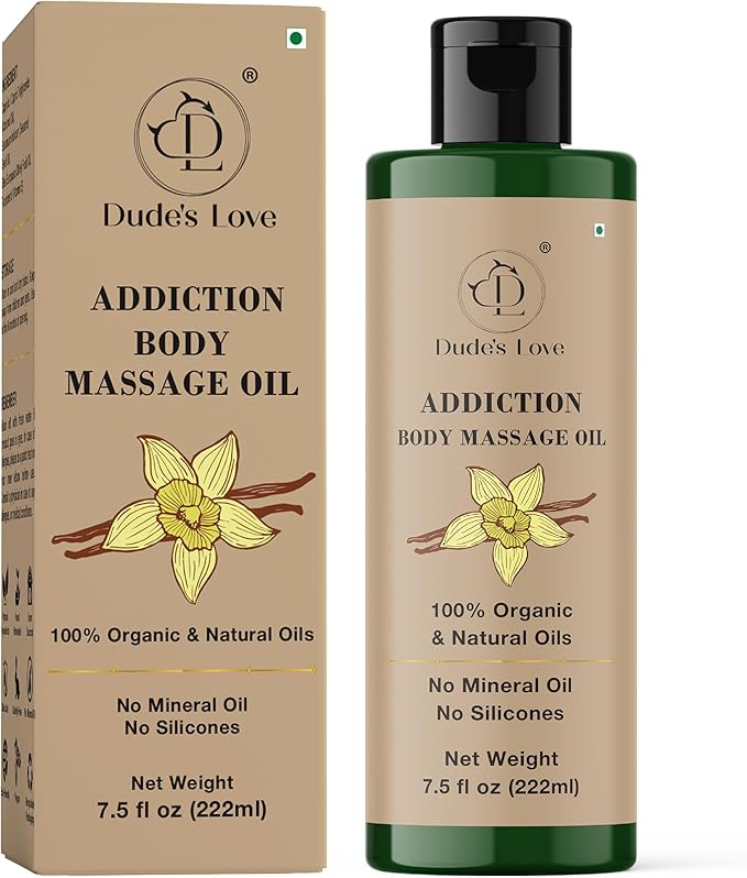 Addiction Body Massage Oil | Vanilla Scent | 100% Natural & Organic Oils | No Mineral Oil, No Silicones | Deep Nourishing Body Oil | 7.5 fl oz (222ml)