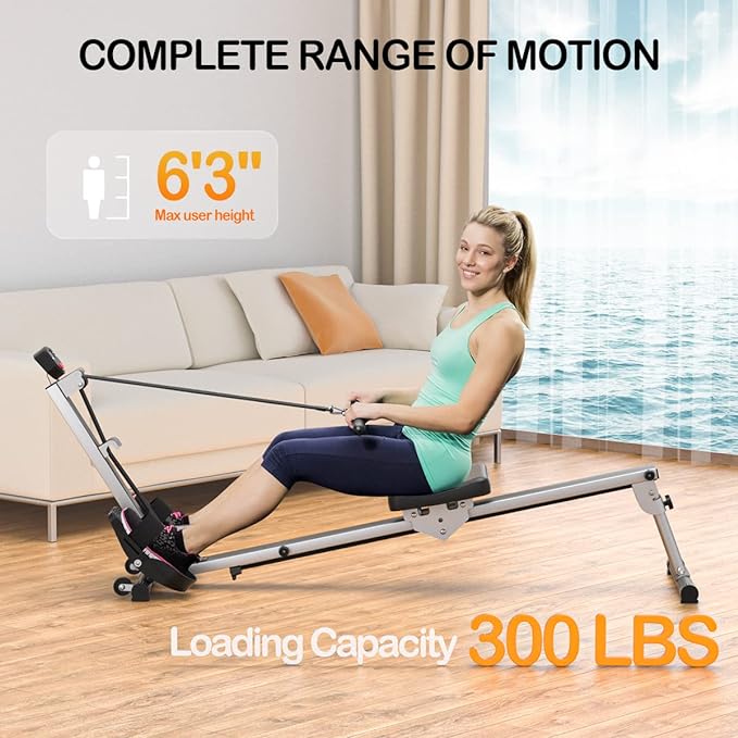 Foldable Rowing Machine for Home Use, Hyper-Quiet Rower with LCD Monitor, 300LBS Capacity Compact Home Rowing Machines