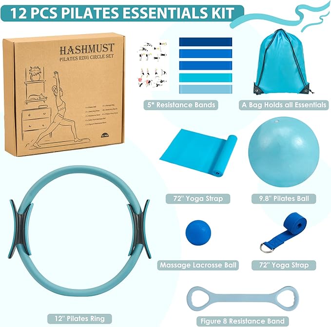 HASHMUST Pilates Ring Kit 12 PCS for Women, Home Workout Equipment with Magic Circle, Mini Exercise Ball, Resistance Bands, Massage Lacrosse, Yoga Strap, Full-Body Fitness Set for Toning & Gift