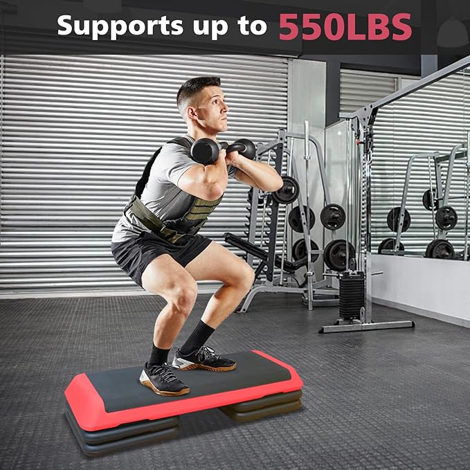 43'' Exercise Aerobic Step Platform, Adjustable Height 4-6-8in Exercise Stepper Workout with 4 Detachable Risers, Aerobics Stepper Workout Stepper for Home Gym Cardio Strength & Training