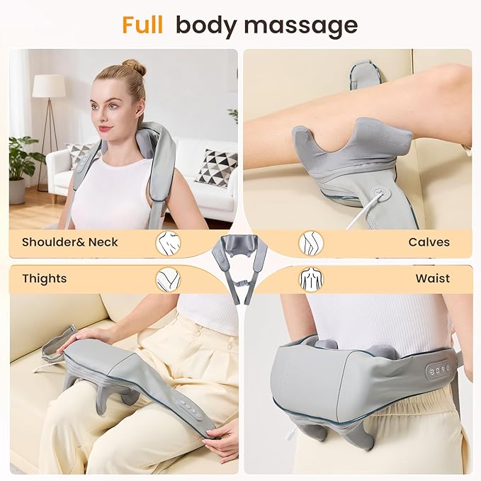 4D Wireless Deep Tissue Kneading Neck Massager,Shiatsu and Shoulder Massage Pillow,Massager with Heat,Back and Leg Pain Relief, Body Muscle Pain Relief, Perfect Gifts for Men Women. (Grey)