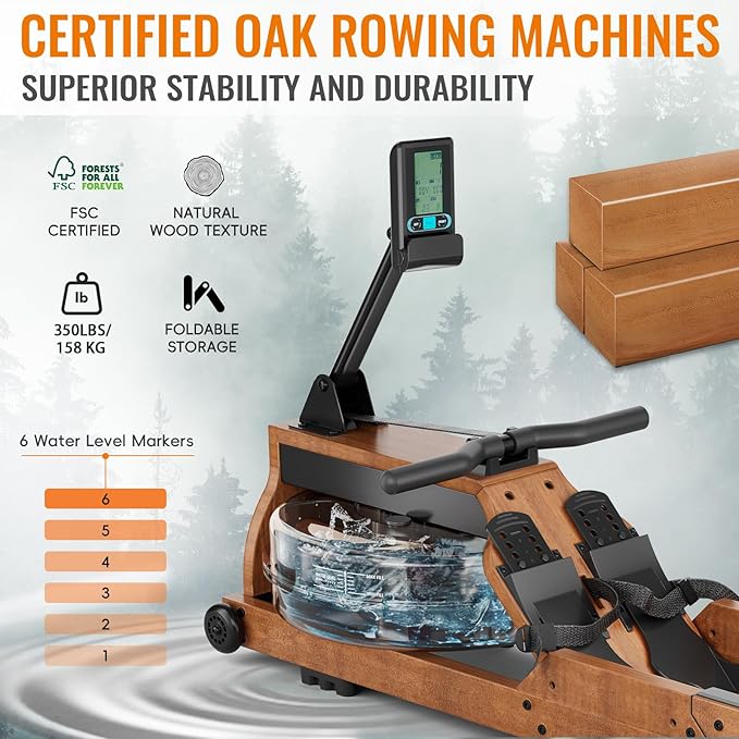 Water Rowing Machines for Home Use, Rower Machine with Smart Electronic Knob,Wooden Row Machine with LCD Monitor & Comfortable Seat, Bluetooth App Compatible for Home Gym Exercise 300 LBS