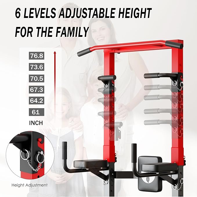 SogesHome Foldable Power Tower Pull Up Bar and Dip Stand, Height Adjustable Free Standing Strength Trainer Dip Station, Multifunctional Fitness Exercise Workout Pullup Station for Home Gym Equipment, Black Red
