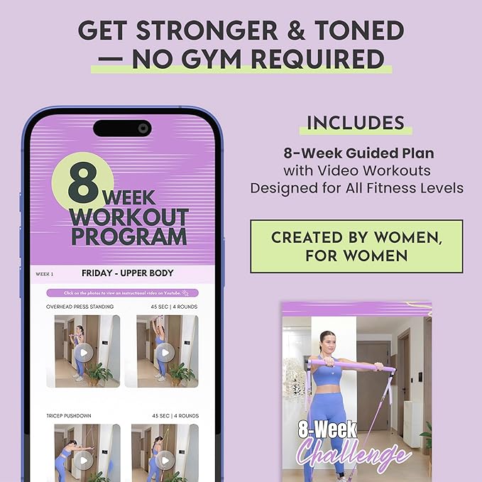 Portable Pilates Bar Kit with Resistance Bands (20, 30, 40, 50 LBS) – Adjustable Home Workout Equipment with 8 Week Training Program – Full Body Fitness Bar for Pilates, Strength Training