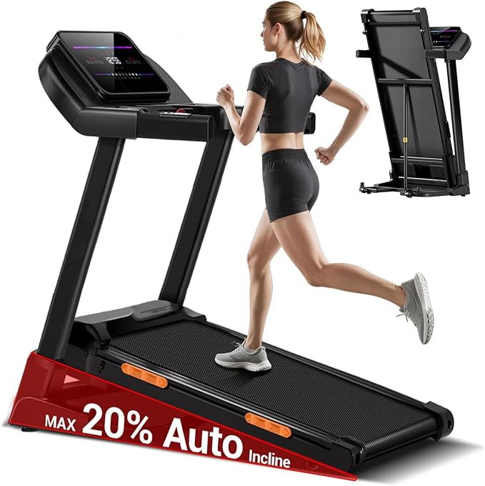 UMAY Fitness 2%-20% Auto Incline Foldable Treadmill, 4.0HP,400lb Capacity Handle Running Treadmills for Home 8.0MPH Max Speed Running Machine with Pulse Sensors