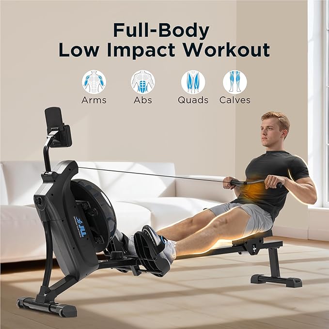 JLL Magnetic Rowing Machine – Foldable Rower for Apartments & Home Gyms, 16 Resistance Levels, Bluetooth with SunnyFit App, Easy-Glide Wheels, Tilt-to-Store Upright Design