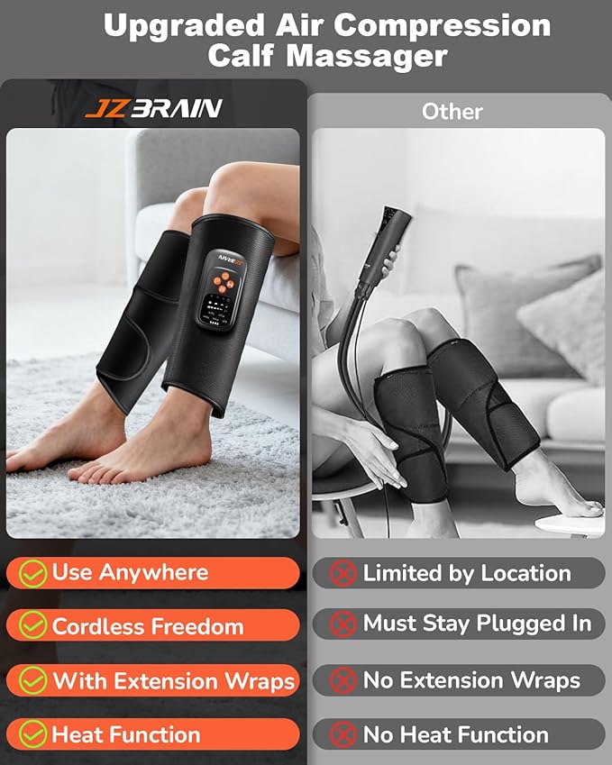Air Compression Leg Massager with Heat : Sequential Calf Massager with 5 Modes, 5 Intensity & 3 Heat for Circulation and Pain Relief - Rechargeable Calf Compression Device for Fast Recovery