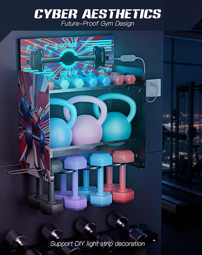 Dumbbell Rack with APP-Controlled LED Lights, Weight Rack for Home Gym Storage, Modern Perforated Wall-Mounted Organizer for Dumbbells, Weight Plates & Accessories, Space Saving