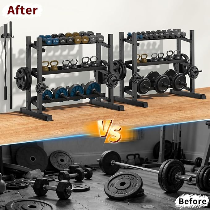 3-Tier Dumbbell Rack, 1800LB Capacity with Barbell Holder, Adjustable Heavy-Duty Weight Rack for Home Gym, Weight Stand for Dumbbells, Kettlebells & Weight Plates (Rack Only)