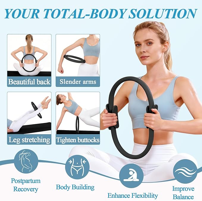 Pilates Ring and Small Ball Set for Women with 5 Resistance Bands, 14 inch Magic Circle Home Workout Essentials Starter Kit for Beginners, Yoga Sets for Full Body Toning Shape