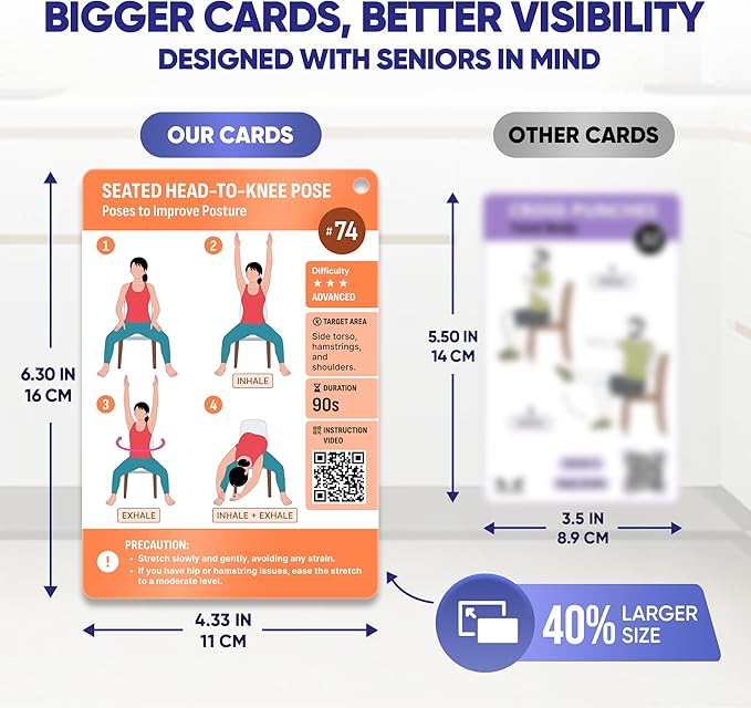 [100+ BIG CARDS] Chair Yoga for Seniors Over 60 - Chair Yoga Cards with Step-by-step Guides Full HD Videos, 28 Days Challenge for 3 Levels, Bonus 4 Rings & Wooden Base, Chair Exercises for Senior