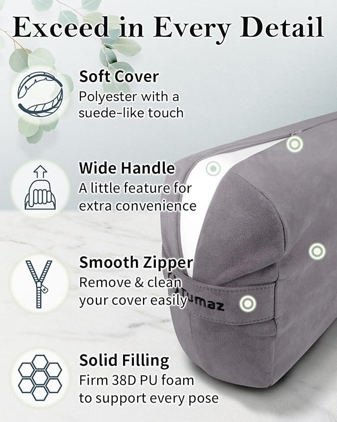 Tumaz Yoga Bolster Set - Rectangular Bolster Pillow for Restorative Yoga, Soft Meditation Pillow with Carry Handle and 8-Feet Strap, Machine Washable Cover