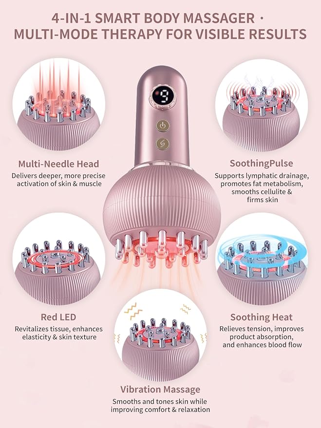 Lymphatic Drainage Massager & Anti Cellulite Massage Tool, Helps Reduce Stretch Marks & Cellulite, for Legs, Arms & Belly, Body Sculpting Machine with Microcurrent, Light, Heat & Vibration (Rose Gold)