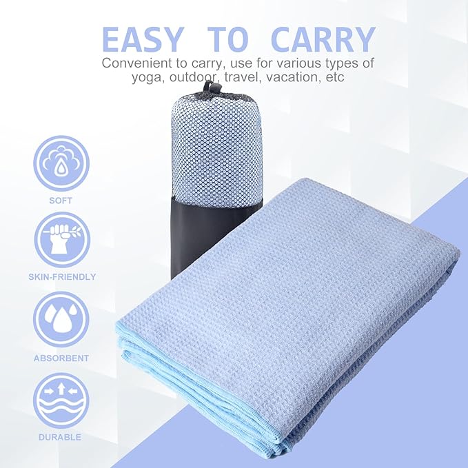 Eunzel 2 Pack Hot Yoga Towel, Non-Slip Yoga Mat Towel with Grip Dots Stickyfiber Sweat Absorbent Towel for Hot Yoga, Pilates and Workout 72" x 24", Blue