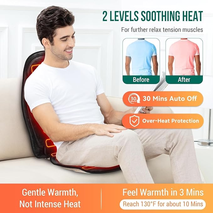 Snailax Vibration Back Massager with Heat, Massage Seat Cushion with 6 Vibrating Motors and 2 Heat Levels, Massage Chair Pad, Seat Massager for Home Office use, Gift for Women Men