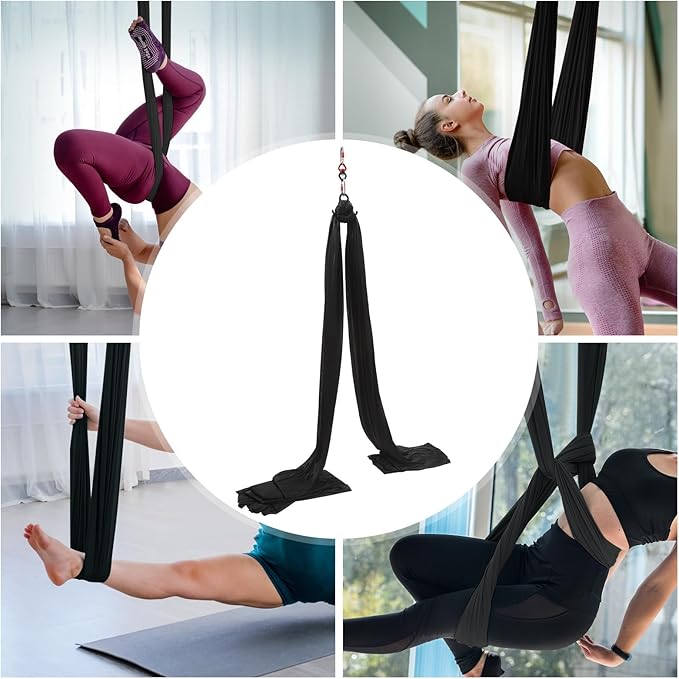 16.4FT 5 m Aerial Yoga Swing Sling Strong Yoga Hammock Kit, Aerial Silks Equipment Set, 440.92 Max Load Capacity, Black