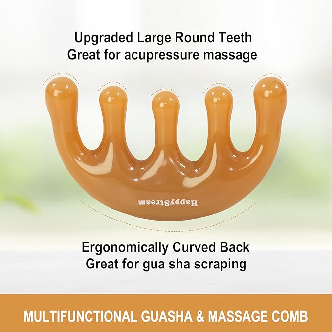 Scalp Massage Tool Head Massager. Resin Massage Comb Gua Sha Fascial Tools for Scalp Care Hair Growth Stress Relax Headaches Meridian Acupoint Treatment Trigger Point Therapy. (Amber)