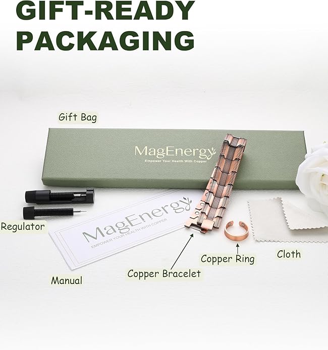 MagEnergy Copper Bracelet for Men, 3X Strength Magnetic Bracelet with 99.99% Pure Copper Ring & 3500 Gauss Magnets, Adjustable Length with Sizing Tool