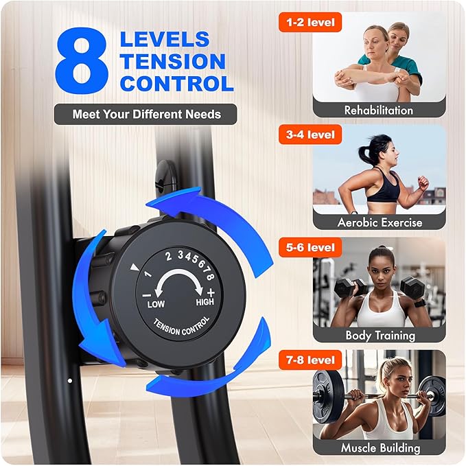 Silent Folding Exercise Bike for Apartments - 330lbs Capacity, 3-in-1 Stationary Bike with Arm Bands & Back Support