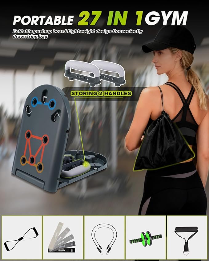 Hikeen Home Workout Equipment to Help Achieve Fitness Goals, 27-in-1 Portable Gym Exercise Equipment with Compact Push-Up Board, Resistance Bands, Ab Roller Wheel, and Pilates Bar, Master Your Workout