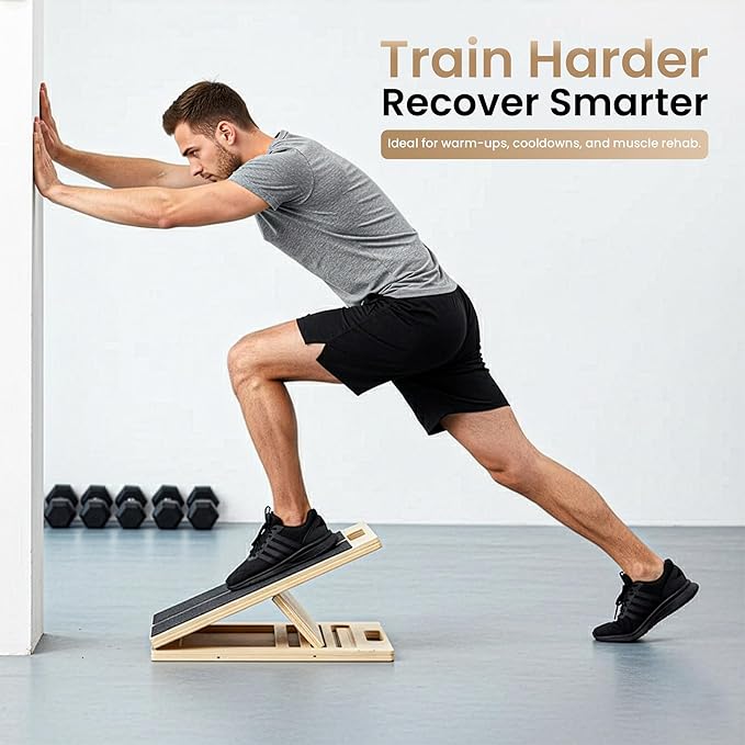 Adjustable Wooden Slant Board for Calf Stretching & Hamstring Flexibility – Professional Incline Calf Stretcher for Home Gym, Squats, Mobility & Rehab with Carry Bag, Loop Band & 2 Sand Papers