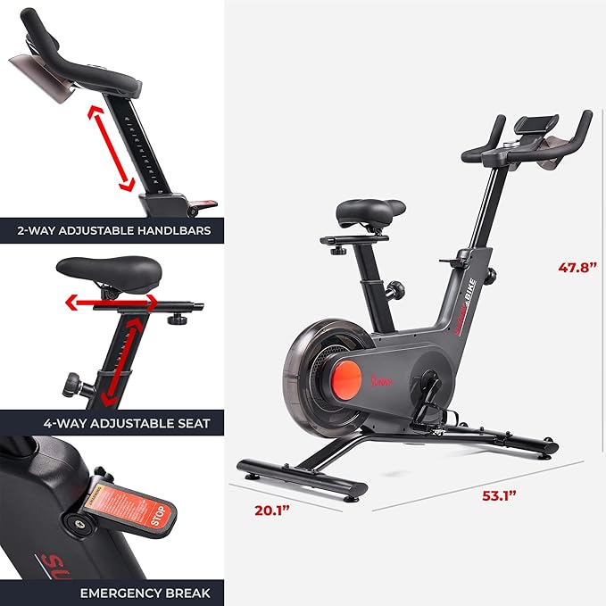 Sunny Health & Fitness Indoor Intensive Cycling Exercise Bike, Adjustable Cardio Training Exerciser w/Emergency Brake for Home, Optional Free SunnyFit App Bluetooth Link + Electromagnetic Resistance