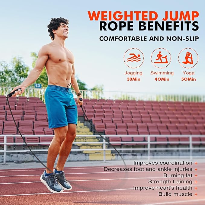 Jump Rope, Weighted Jump Rope for Men Women, Adjustable 1lb Heavy Skipping Ropes, Suitable for Boxing, Cardio, Home Fitness, Training Muscle, Home Gym Workout Equipment for Full Body Exercise