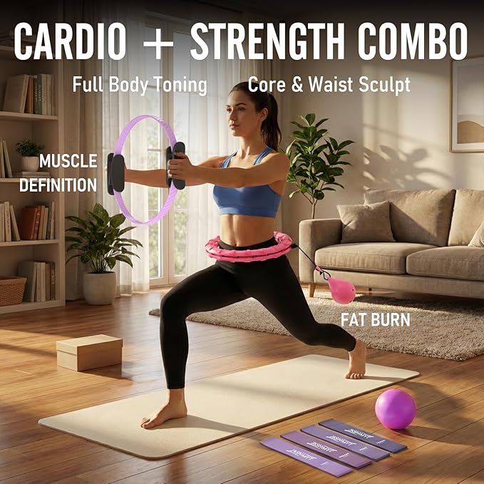 Weighted Hula Infinity Hoop & Pilates Ring Kit Bundle- Infinity Fitness Hoop for Weight Loss Plus Magic Circle, Resistance Bands, and Ball Set- Home Workout Equipment for Abdomen & Full Body Toning