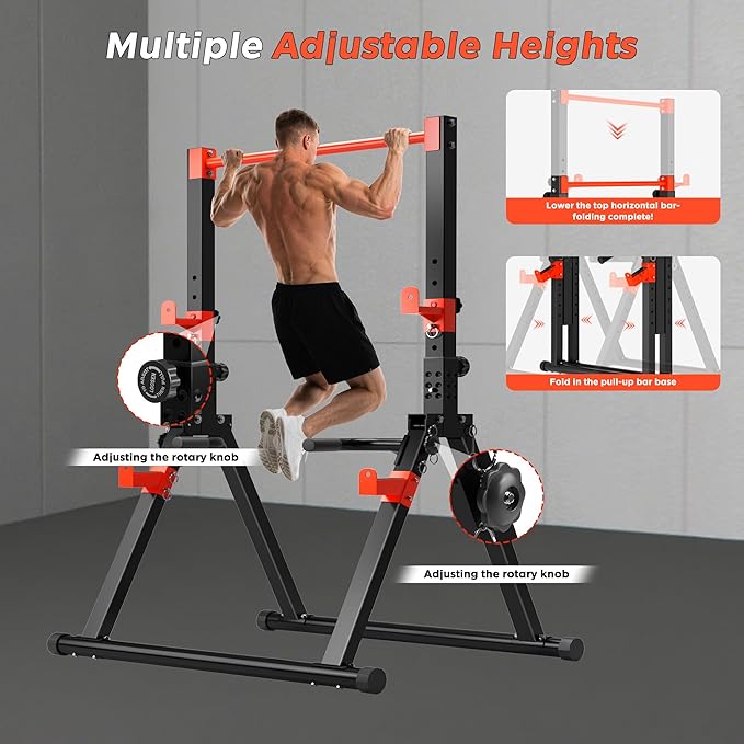 SogesHome Power Tower Dip Station Pull Up Bar for Home Gym, Adjustable & Foldable Multifunction Fitness Workout Station with Triangular Stability Design for Strength Training