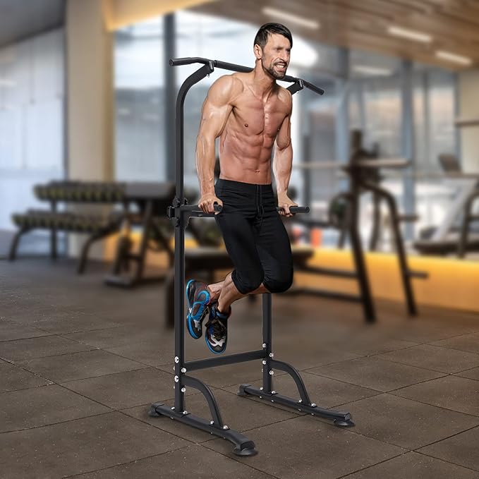Power Tower Pull Up Bar and Dip Station, Adjustable Height Multi-Functional Home Strength Training Fitness Workout Station for Home Gym Strength Training Body Building Workout Equipment