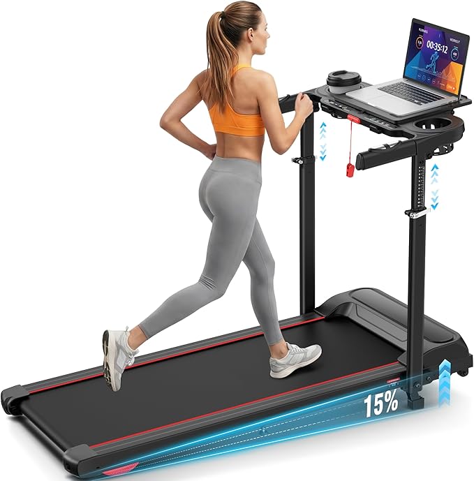 Treadmill with Desk Workstation & Adjustable Height, 450 lbs Weight Capacity, Folding Incline Treadmill with Handle Bar, Portable Ultra-Quiet 3.5HP Walking Pad Treadmill with Desktop for Home Office