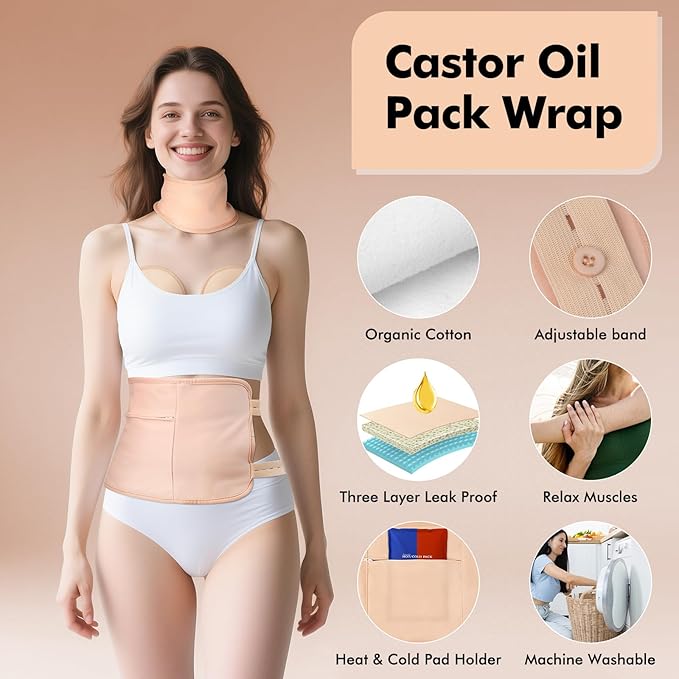 Castor Oil Pack Wrap with 8Fl.Oz Cold Pressed Unrefined Glass Bottle Pure Organic Castor Oil for Stomach Neck and Breast