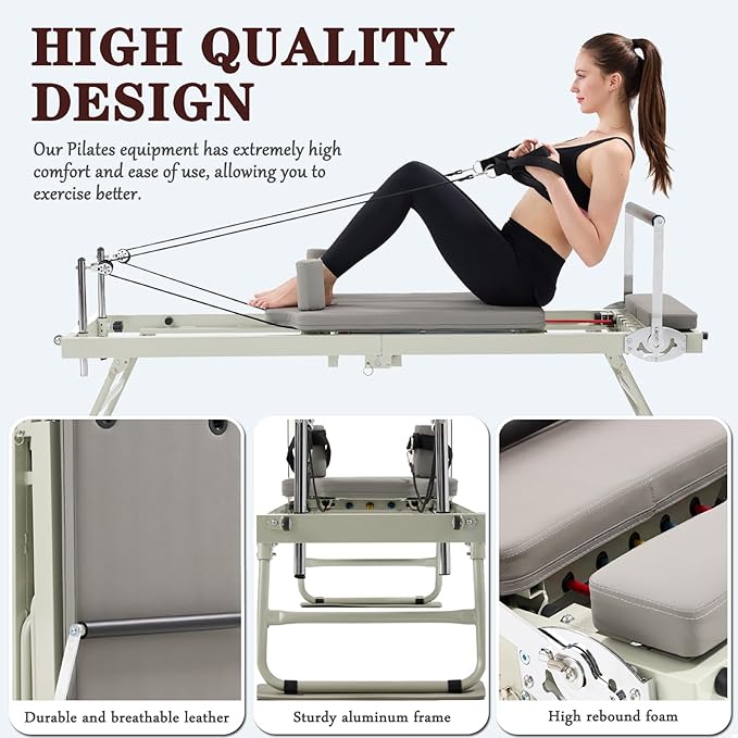 Pilates Reformer Machine，Grey Foldable Pilates Reformer Equipment Home Indoor Workout Machine，for Home Gym Cardio Fitness Personal Indoor Sport Apparatus